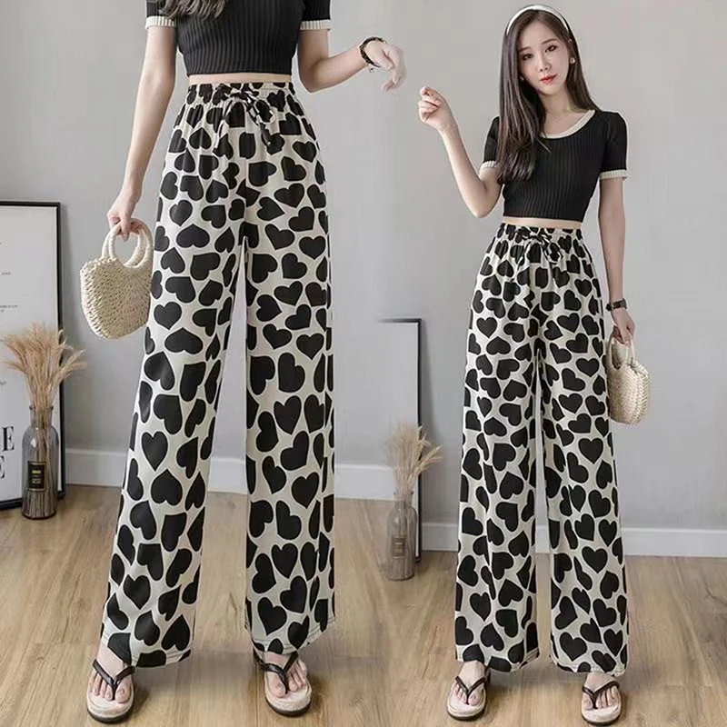 New Fashion Love Print Long Pants Female Casual Pants Summer New Women's Korea Style Wild Loose Wide-Leg Long Trousers For Women