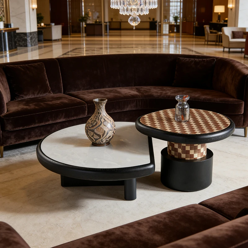 ak-Creative Checkerboard Sintered Stone Two-Tone Modern Irregular Shape Two-Level Coffee Table Set Low Table Furniture%