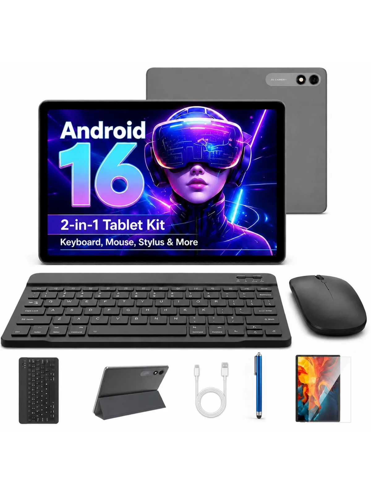 10 inch Tablet Android 16 8-Core Tablet 26GB+128GB 1TB Extended WiFi 6 8MP Stylus Keyboard Mouse Headset PC PAD Set