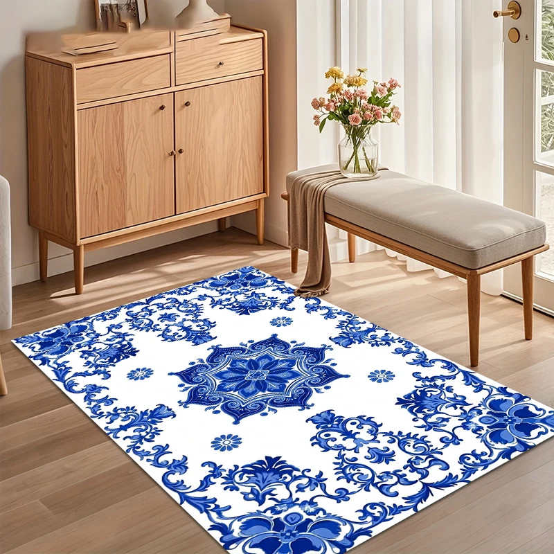 Blue White Floral Medallion Area Rug for Living Room Bedroom Chinoiserie Porcelain Inspired Home Decor Soft Non Slip Floor Mat
