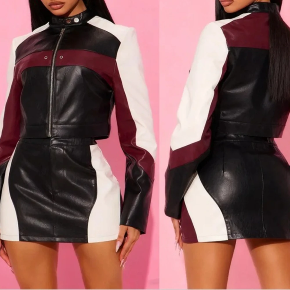 Lederjacke Kleid Zweiteilige Rock Sets 2026 Frauen Winter Luxus Y2K Streetwear Herbst Sexy Elegante 2-teilige Sets Frau Outfit