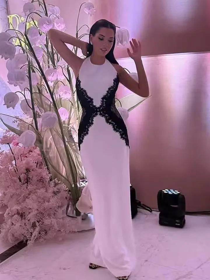 فستان نسائي مثير مرقع من الدانتيل المتباين فستان نسائي أنيق بدون ظهر مكشوف الأكتاف فساتين ماكسي ضيقة لحفلات الإجازات جديد