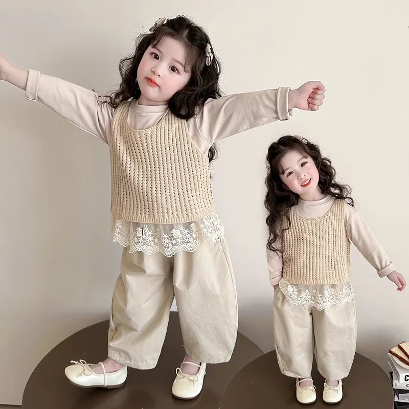 

2025Girls' Spring and Autumn New Fashionable Lace Carrot Pants Vest Three-Piece Set