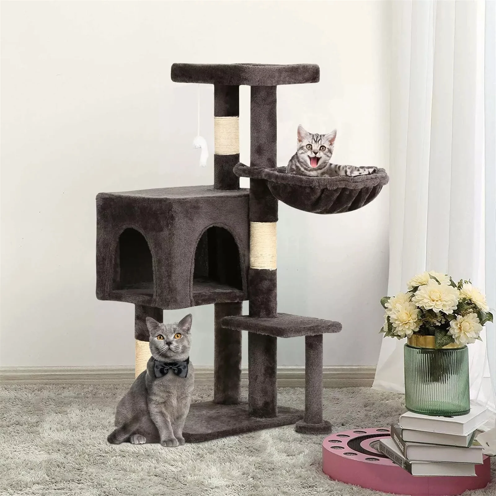 36" Krabpaal Kattentoren Krabpalen Cat Condo met hangmat voor binnenkatten Grijs