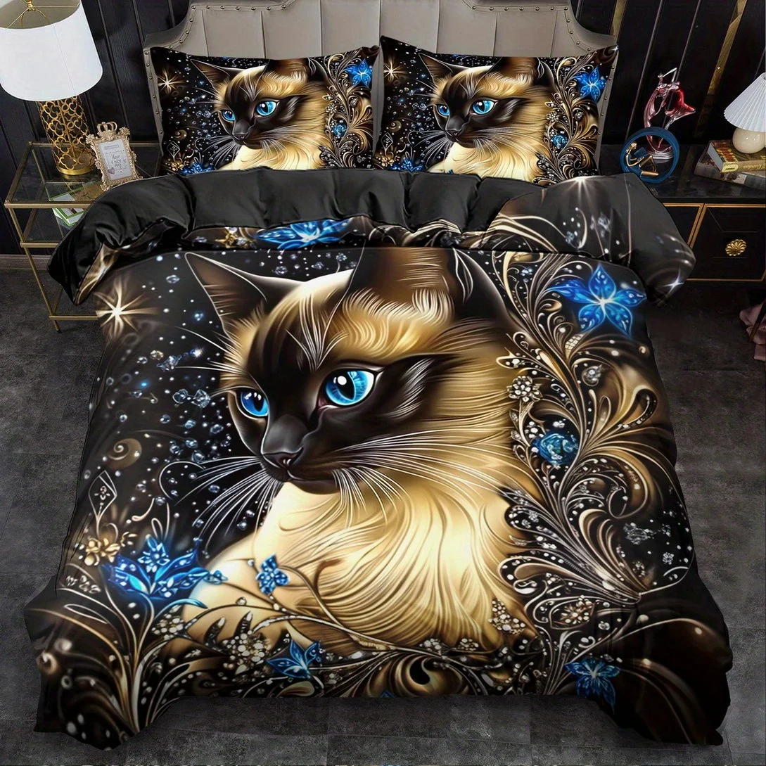 Animals, Cats, Flowers Print Duvet Cover Set, King Queen Style Bedding Set Machine Washable, Quilt  Bedroom Guest Room