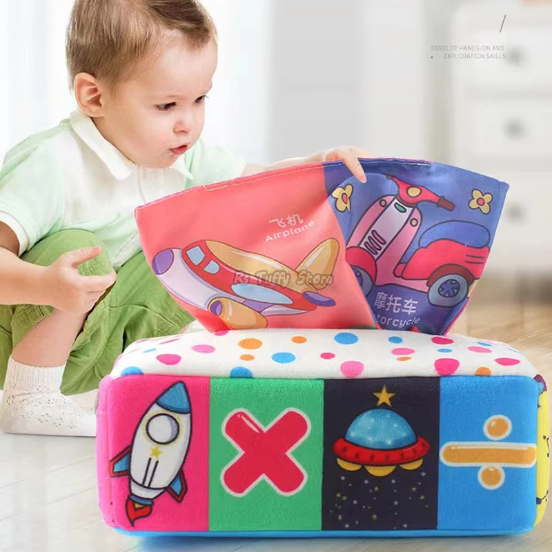 Baby Spielzeug Taschentuch Box Montessori sensorische Kleinkind lernen pädagogisches Werkzeug Stapeln Finger Übung Pumpen Sound Papier Stoff Buch