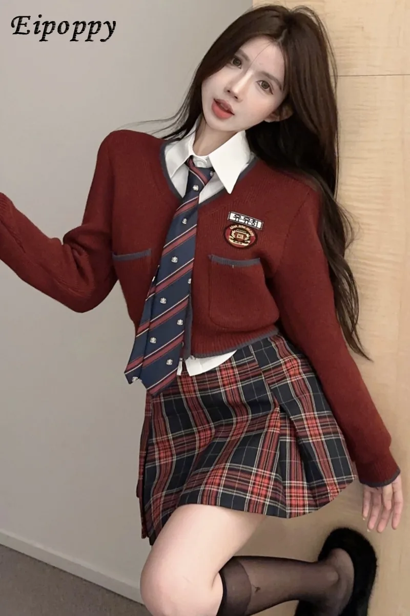 Preppy Stijl Pak Dames Shirt Trui Bandage Jurk Tweedelige Koreaanse Schooluniform Herfst En Winter