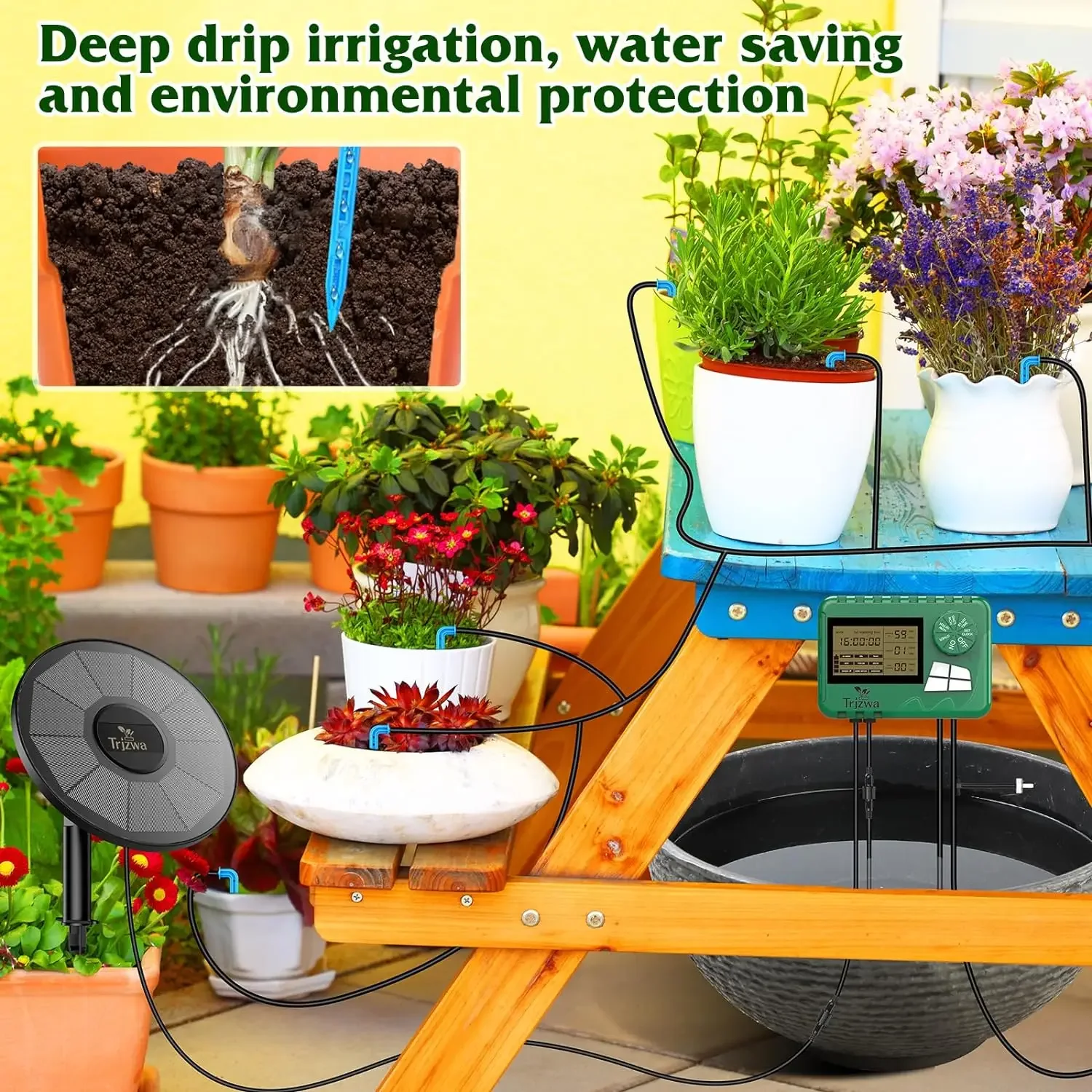 Solar Irrigation System, Latest Garden Plant Drip Irrigation System Kit with Display Screen, Travel Automatic DIY Watering Timer