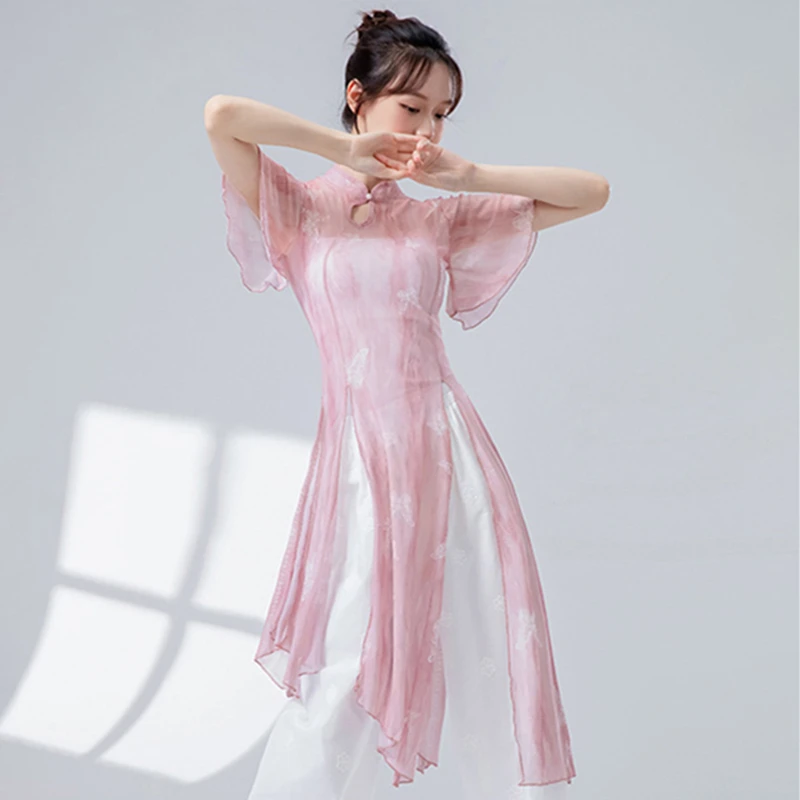 Top da danza classica da donna con orlo diviso, camicia lunga in rete di garza, collo cheongsam, performance Hanfu, camicetta fluida velata, abbigliamento da ballo
