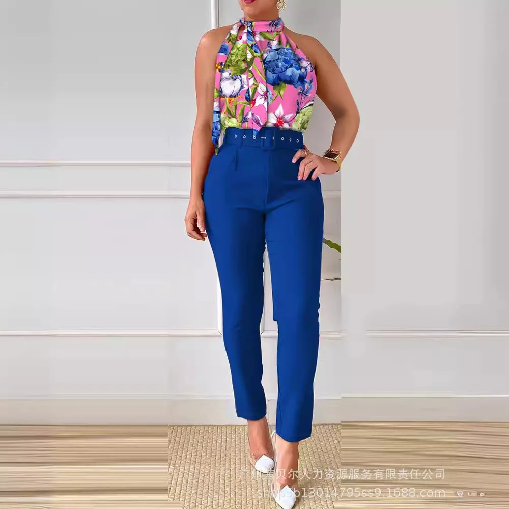 Floral Print Tie Neck Tank Top & High Waist Pants Set Two Piece Sets Women Y2k Tops Long Pant Set Sexy Lace Up Belt 2024