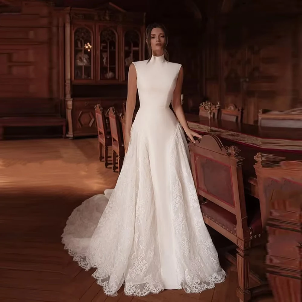 Женские свадебные платья трапециевидной формы с высоким воротом 2025, элегантные тюлевые платья невесты без рукавов, платья принцессы для банкета, Vestidos De Novias по индивидуальному заказу