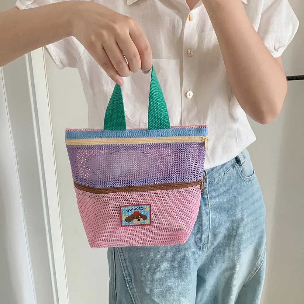 Damen-Kosmetiktasche aus Mesh mit Farbblock-Design, Tragegriff und süßem Applikationsmotiv, kleine Kosmetiktasche für die Aufbewahrung von Reiseutensilien im Alltag – Detail 14