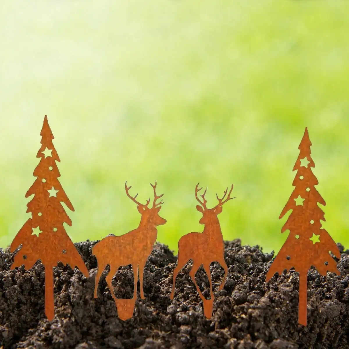 4 قطع من غزال الغابة المصنوع من الحديد الصدئ وزخارف شجرة كبيرة - ديكور حديقة مقاوم للطقس لأواني الزهور/الحديقة