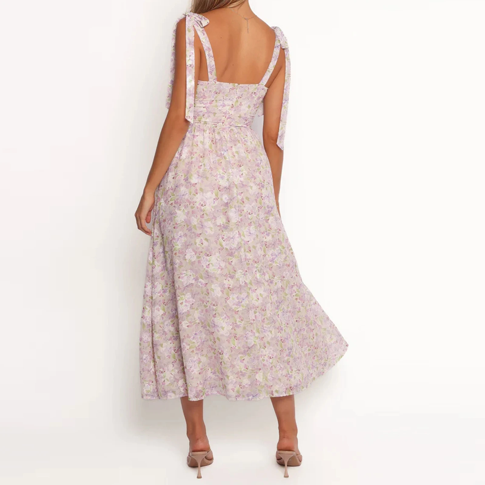 Abito lungo da donna con stampa floreale, cinghie allacciate, abito Cami, abito casual senza maniche alla moda estiva