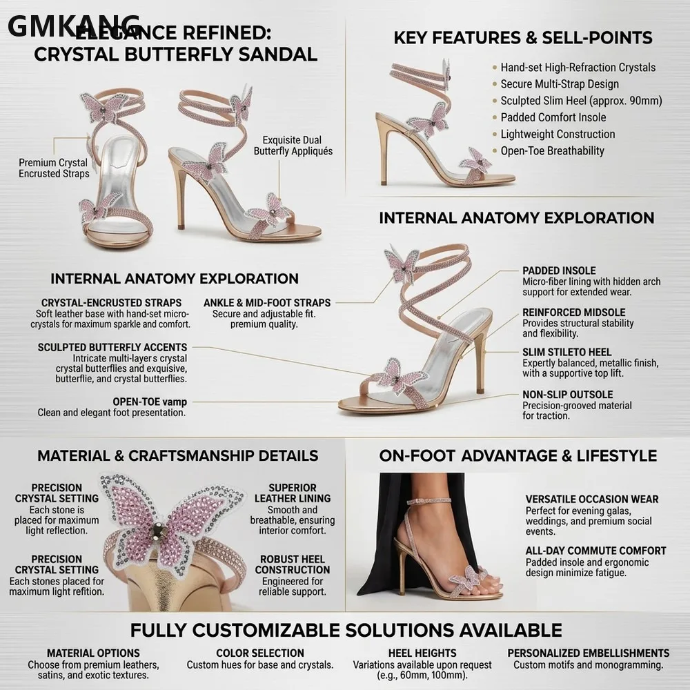 Summer High Heels Sandals Women Rhinestone Butterfly Knot Snake Wrapped Ankle Strap Stiletto Wedding Party Dress Shoes