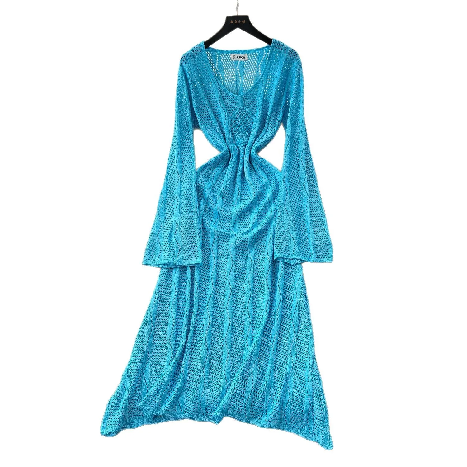 홀리데이 스타일 아우터와 속이 비치는 크로셰 니트 블라우스 스커트, 세련된 스탠드 넥 플라워 V넥 시스루 드레스