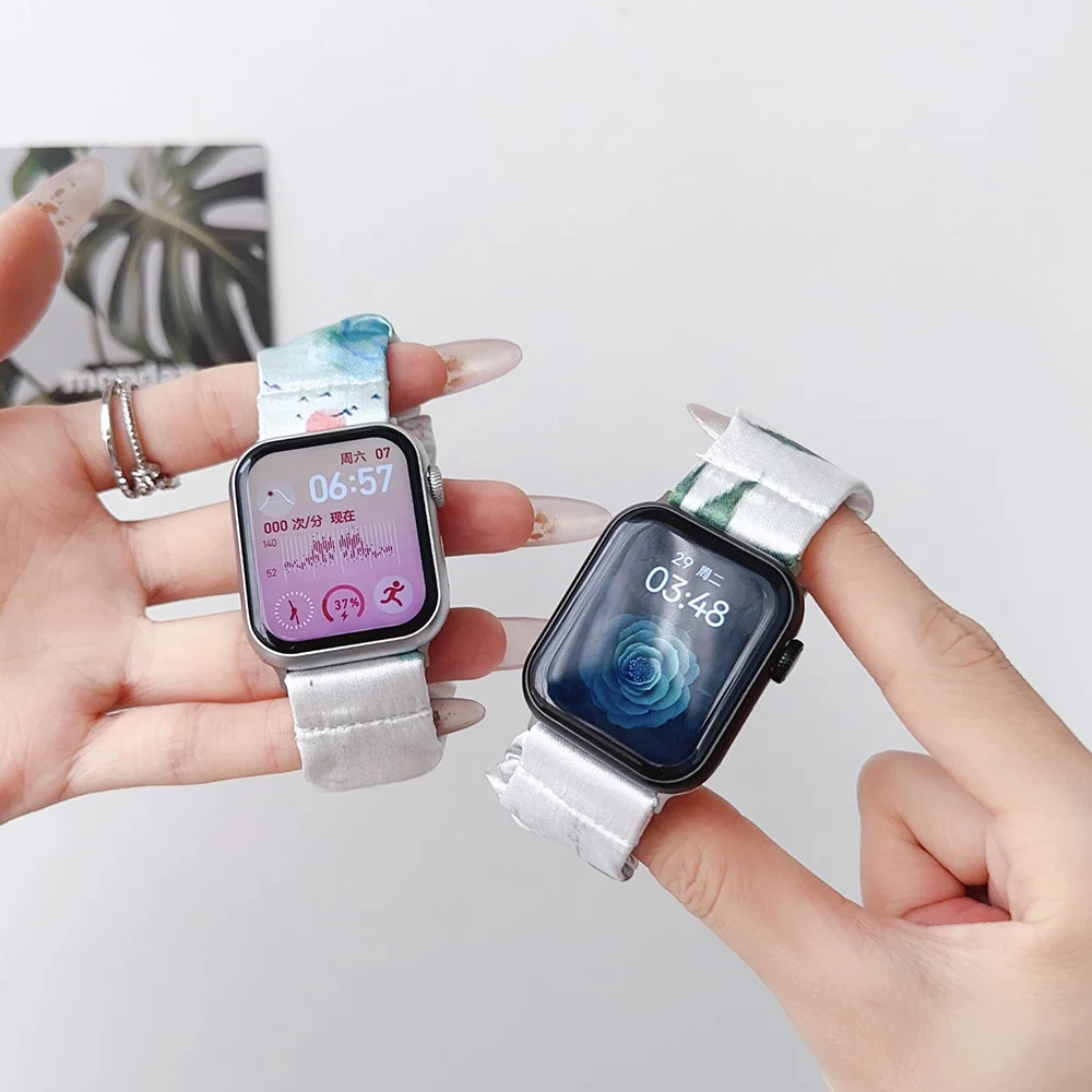 حزام Scrunchie لساعة Apple 38 مم 40 مم 41 مم 42 مم (iWatch 10) سوار حلقة مرن مطبوع لسلسلة iWatch 10/9/SE