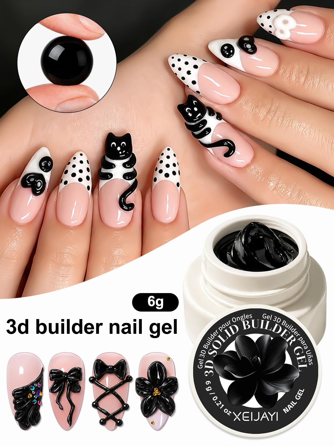 1 Stück 6G Schwarzes Nagelverlängerungs-Gel, 3D Builder Nagelgel für Naturnägel, Soak-Off UV/LED-Gel mit Hochglanz-Finish