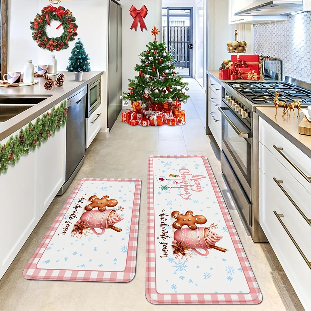 Festive Gingerbread & Hot Chocolate Christmas Kitchen Rug - Merry Christmas Decor Felt floor mats New Year home decoration