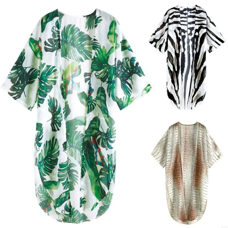 

Women Boho Flowy Kimono Cardigan Leaves Snakeskin 3D Print Bikini Swimsuit Cover Up Open Front Chiffon Maxi Beach Dress
