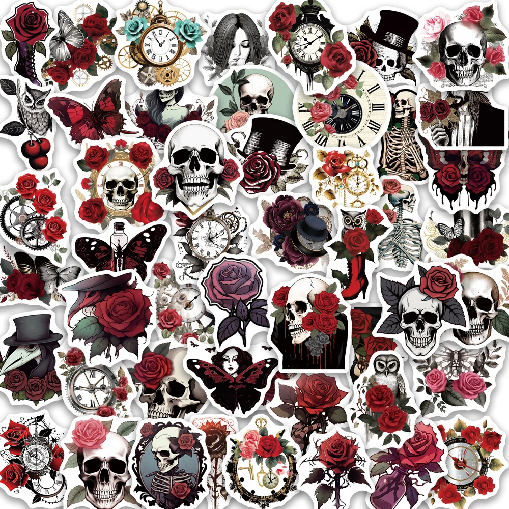 50PCS Punk Rose Skull Stickers Exquisite Handbooks Material Phone Cases Laptop Suitcases Water Cups Waterproof Stickers