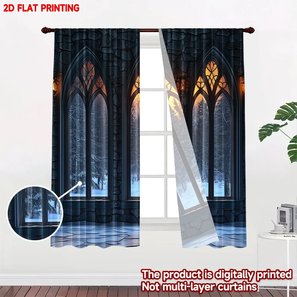 2D flat printing 2pcs Party Window Curtains Gothic Windows Snowy Sunset Digital Printed Polyester Drapes Birthday Party for