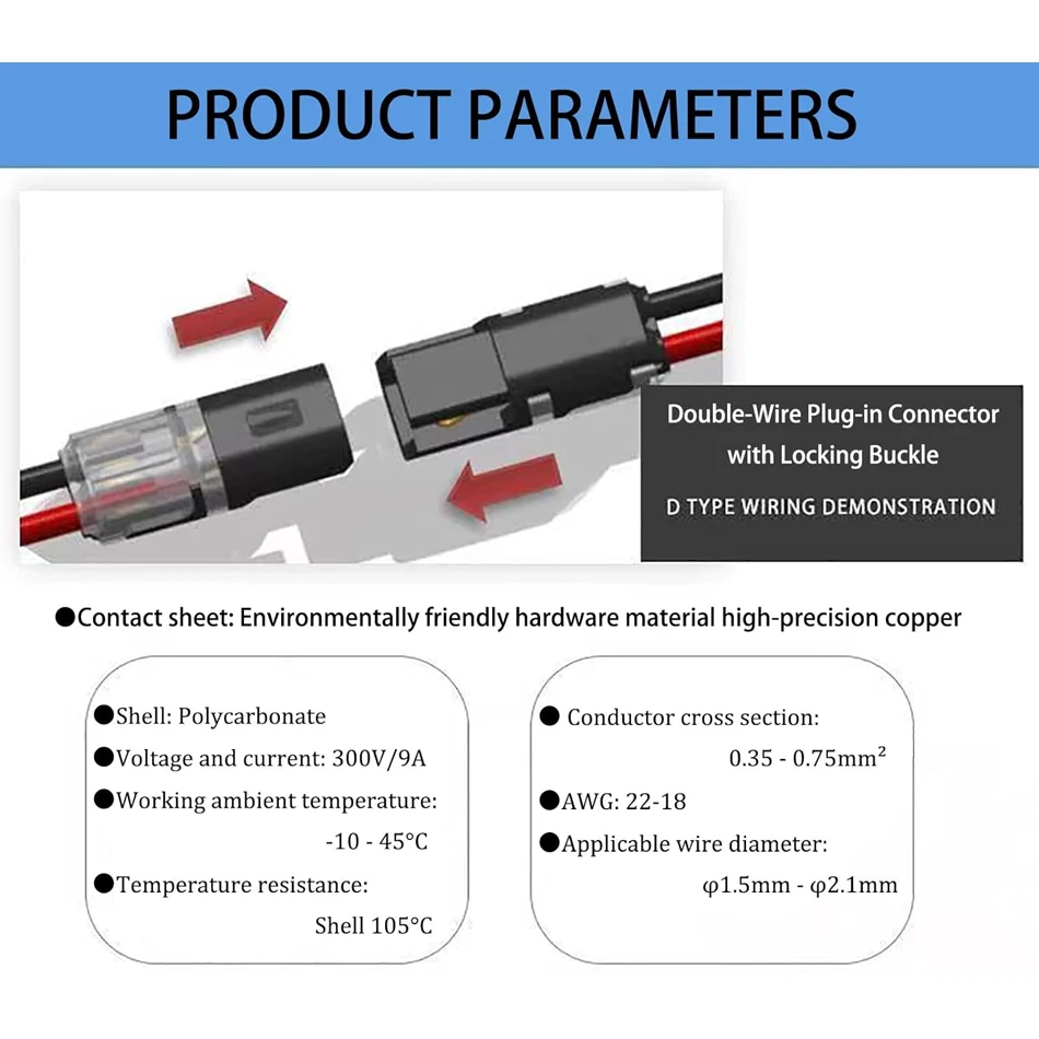 20/50/100 Pcs Double-Wire Plug-in Connector with Locking Buckle-Pluggable LED Wire Connectors 2 Pin Electrical Wire Connector