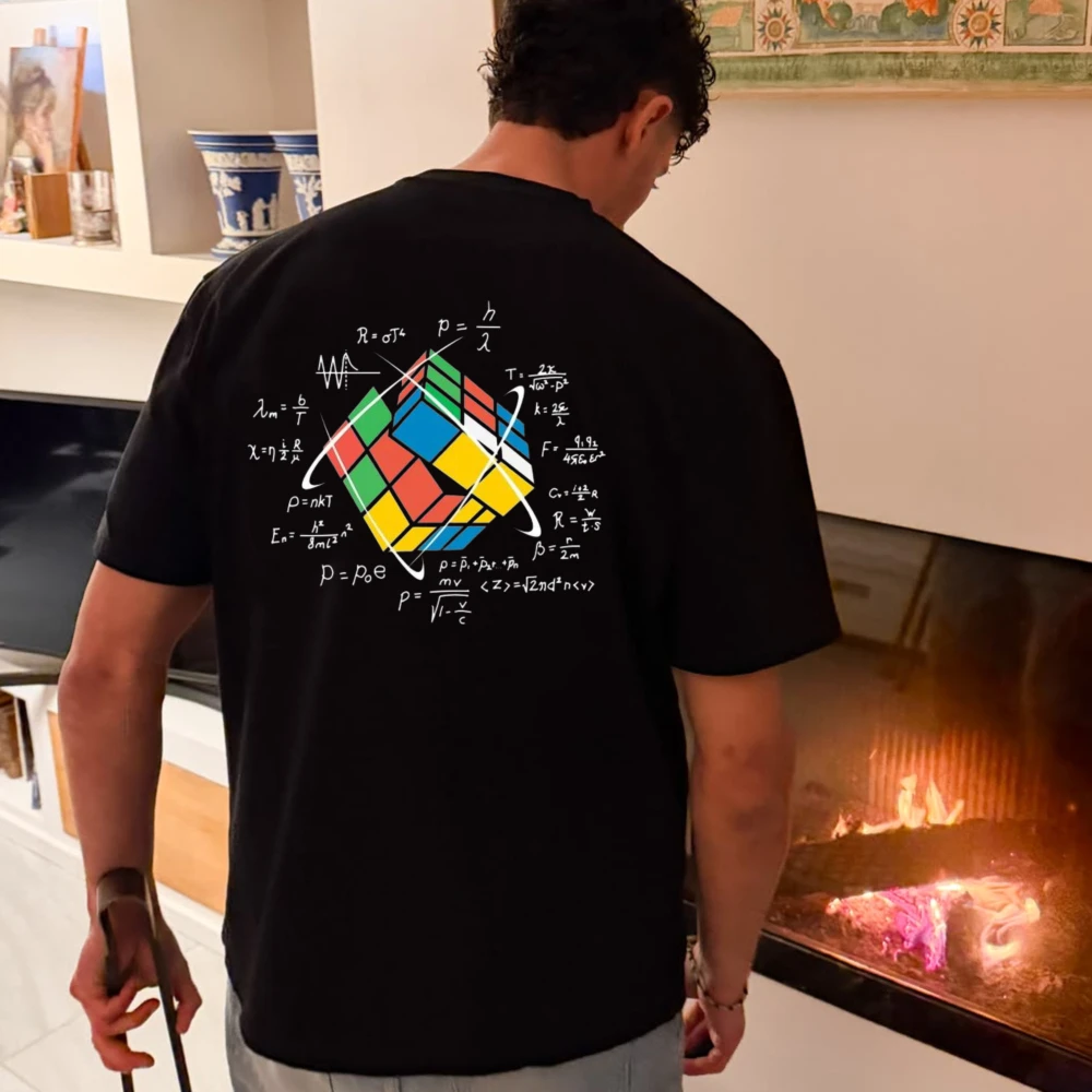 Funny Rubik's Cube Physics Math Formula Graphic T-Shirt Men Back Print Cotton Short Sleeve Science Nerd Puzzle Lover Casual Tee
