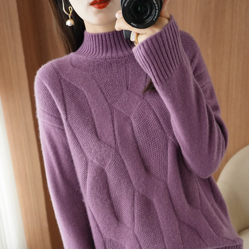 

SZDYQH Hot Sale 100% Pure Wool Knitted Sweater Women Loose Thicken Long Sleeve Warm Pullover Autumn Winter Fashion Female Jumper