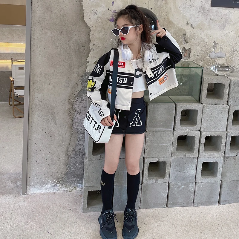 Children Clothes Spring Detachable Motorcycle Racing Jacket with Skirt Separation Set Kids Girls Vintage Motor Fall Coat Korean