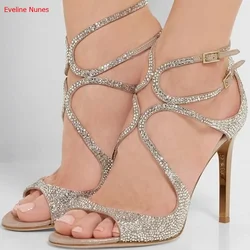 White Rhinestone Sandals Summer Women's One Word Buckle Round Toe Fashion Sexy Versatile Party Good Quality Peep Toe High Heels