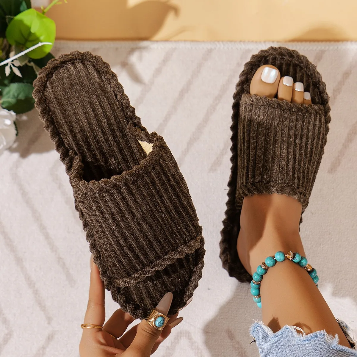 

Women's Home Slippers Autumn Winter Corduroy Flip Flops Indoor Warm Solid Color Concise EVA Anti Slip Living Room Shoes