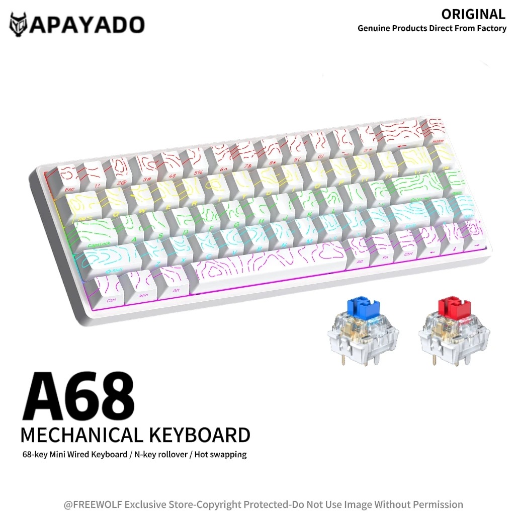 

Мини-клавиатура на 68 клавиш A68 RGB, механическая клавиатура APAYADO с боковыми колпачками для клавиш, полностью сменными клавишами, проводным подключением.