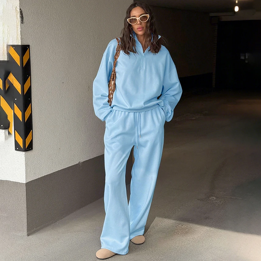 

Linad Blue Sport Zipper Sweatshirt With Drawstring Long Pants 2 Piece Sets Women Casual Loose Trousers Outfits 2025 Pullover Top