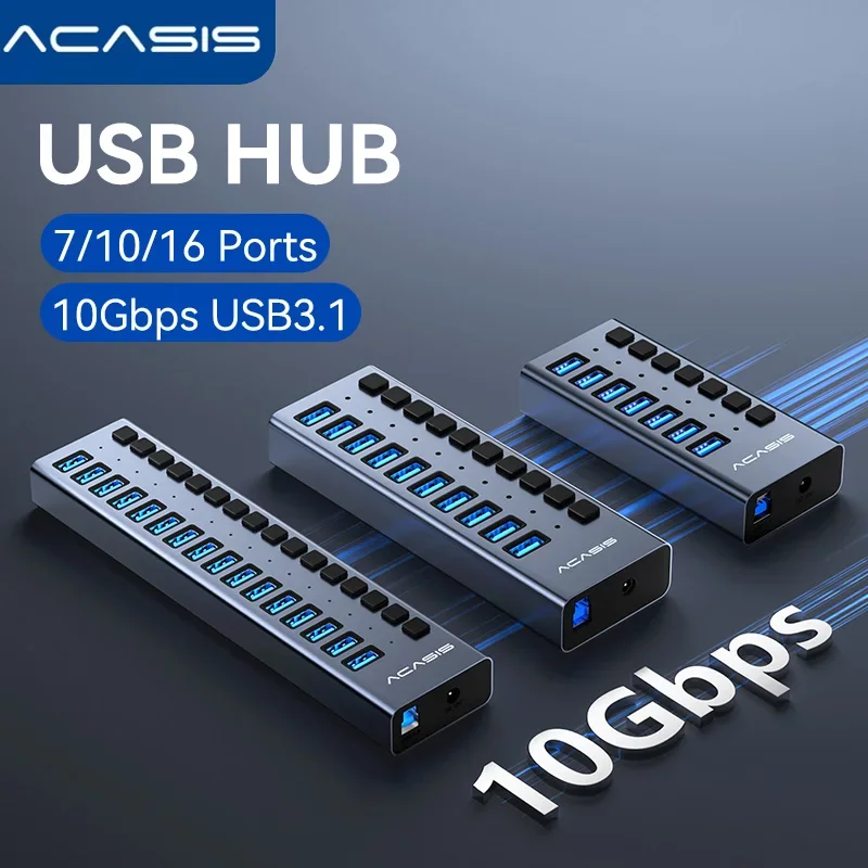 

USB-концентратор Acasis 3.1 с 16/10/7 портами, индивидуальным переключателем и подсветкой, разветвитель данных 10 Гбит/с для настольных компьютеров, ноутбуков и MacBook Pro.