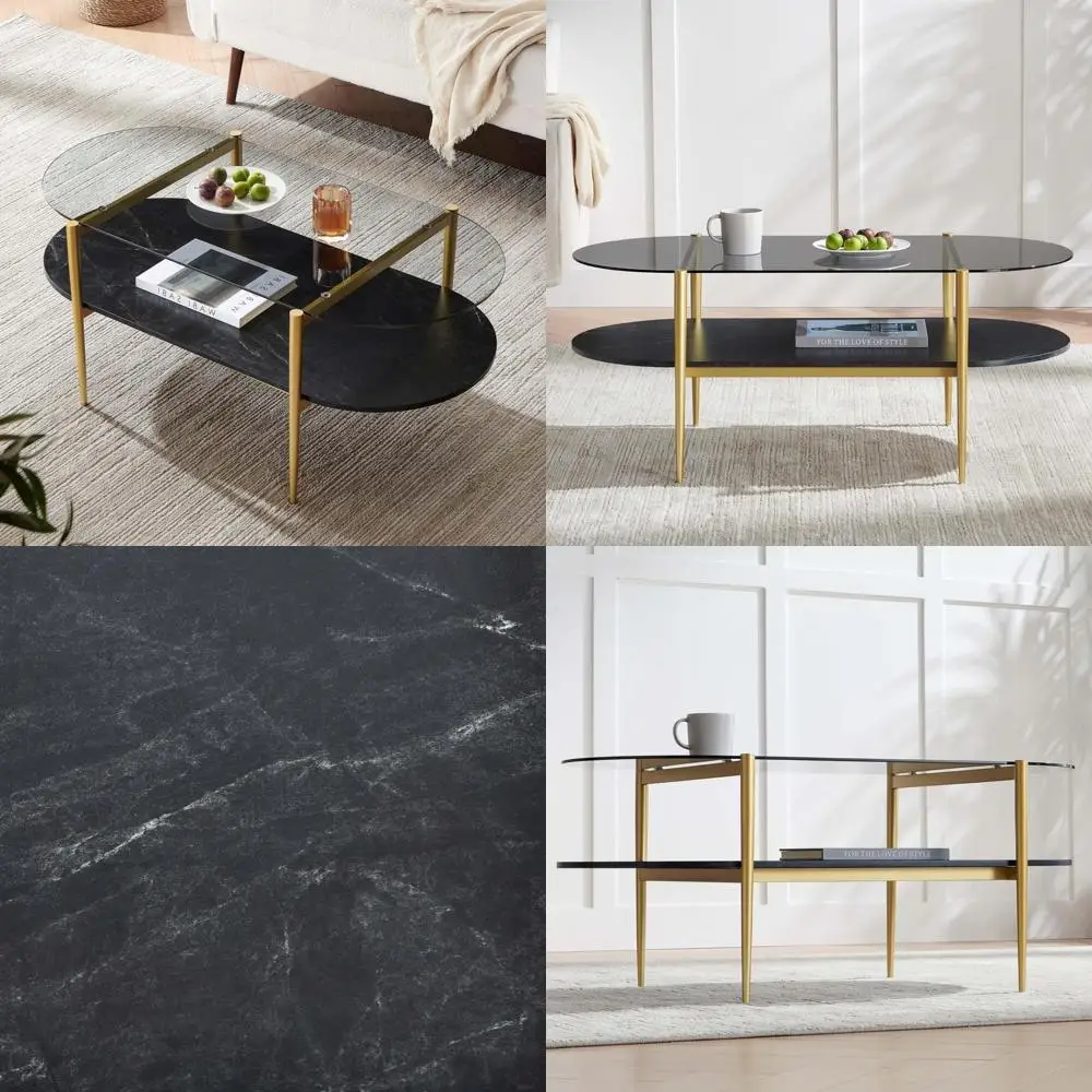 Mid-Century Oval Coffee Table with Grey Glass Top and Black Marble Base for Living Room, 41 Length x 21 Width x 17 Height