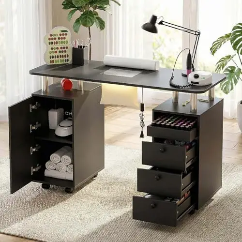 Nail Tech Table with Dust Collector & LED Light, Rolling Manicure Desk with Storage Drawers & Cabinets, Lockable