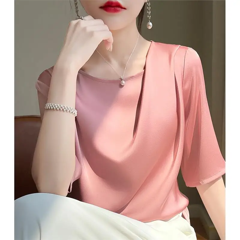 

Folded Silk Satin Women's T-irt Summer Faion Loose Fit Svel round Ne f Sve Thin Sle Commute Regular Length