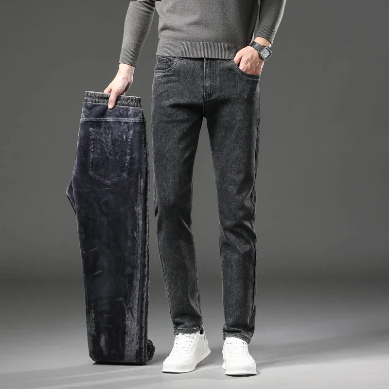 2025 New Winter Men's Slim Fleece Jeans Thick Elastic Denim Pants Warm Straight Casual Male Clothes Fashion Plush Trousers