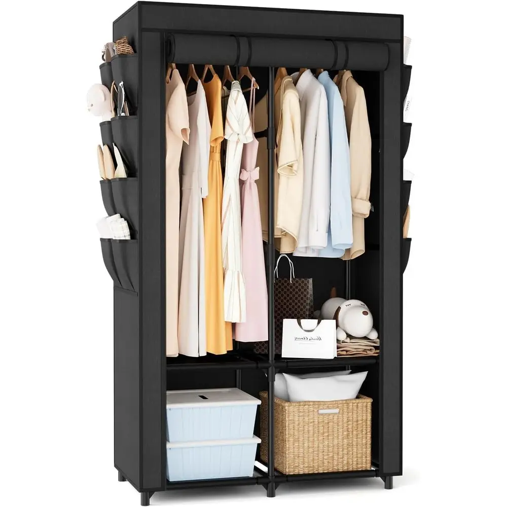 

Portable Closet or Hanging Clothes, Portable Wardrobe Closet with Cover, 4 Storage Shelves, 2 Hanging Rods and 8 Side kets, Easy