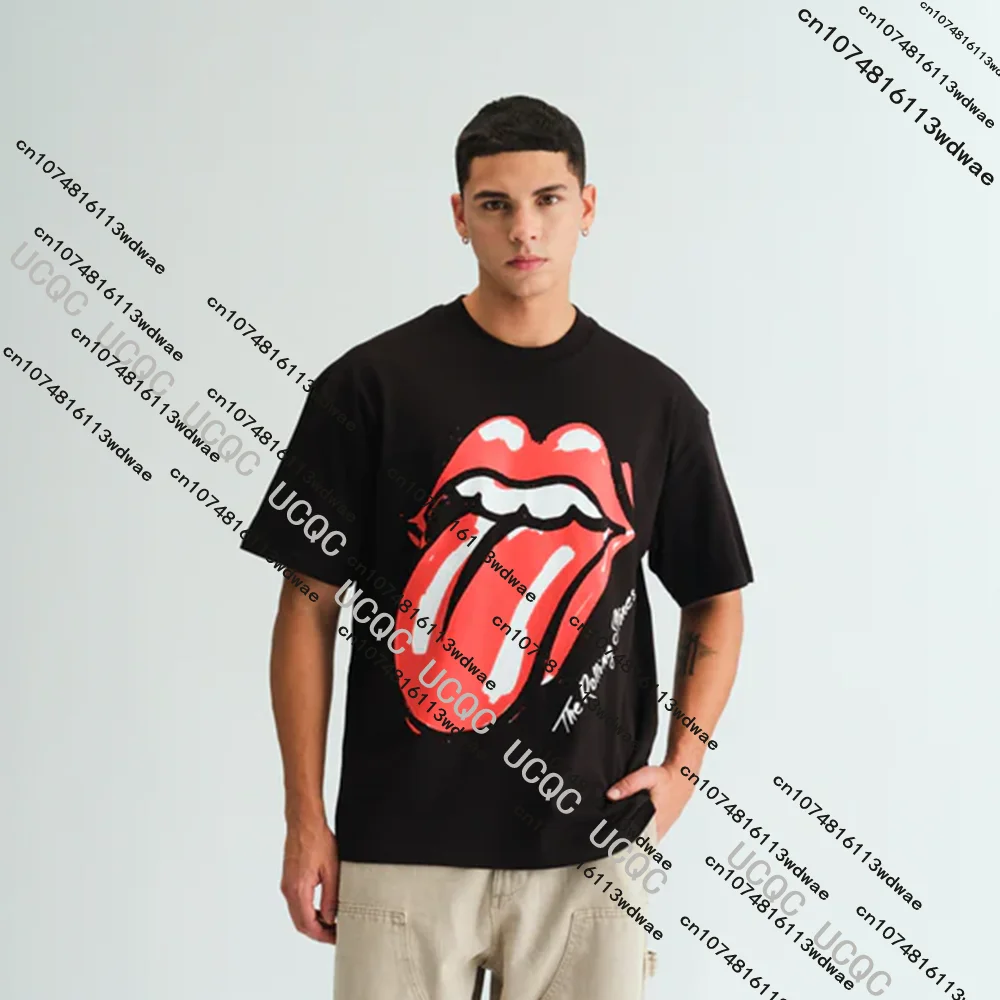 Camiseta negra de gran tamaño con piedras rodantes, Camiseta de algodón con gráfico a la moda, ropa de calle informal para amantes de la manga corta de Hip hop Harajuku para hombre