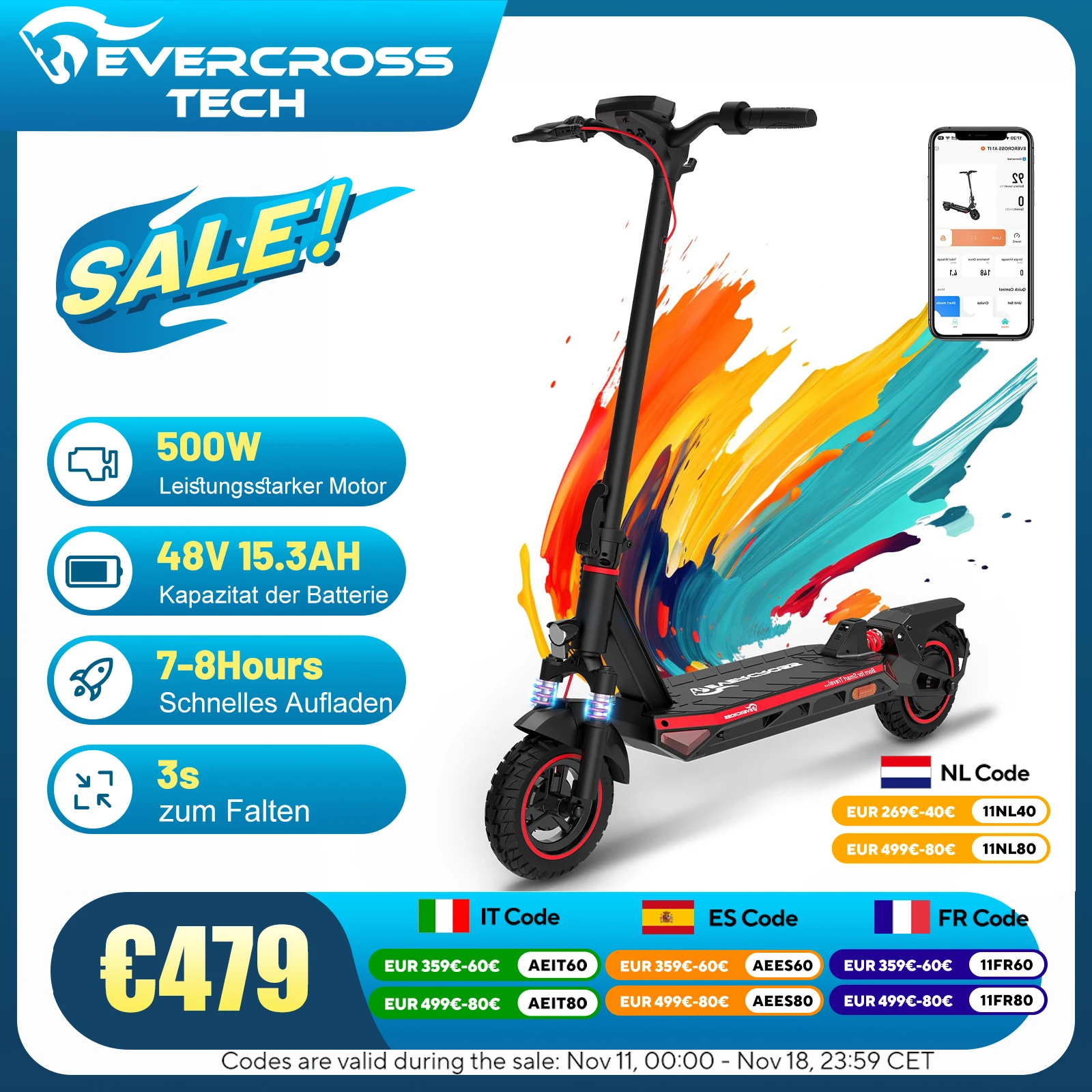 EVERCROSS TECH A1 500W Electric Scooter for Adults, 10'' Foldable Electric Scooter, App Control, 48V 14Ah, 50km Range, 3 Speed Modes