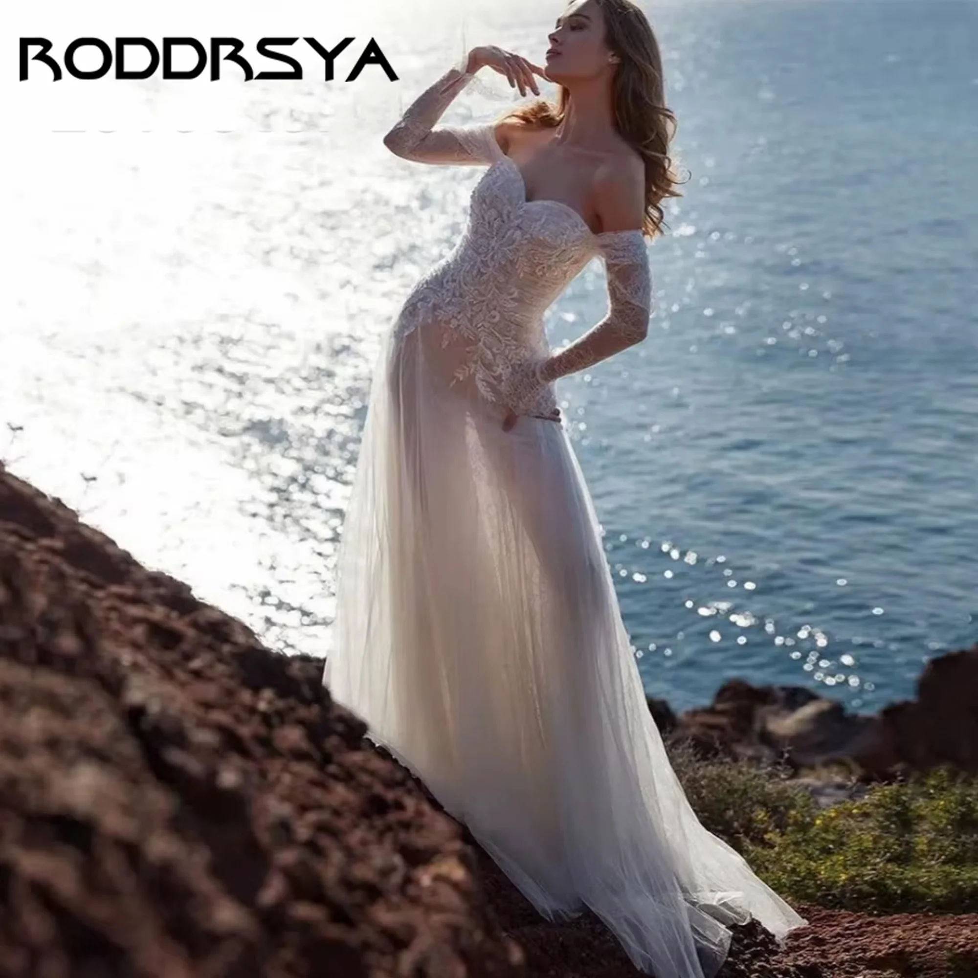 

Boho Tulle Wedding Dresses Sweetheart A-Line Lace Applique Off Shoulder Bridal Gowns Sweep Train Vestidos De Novia Customized