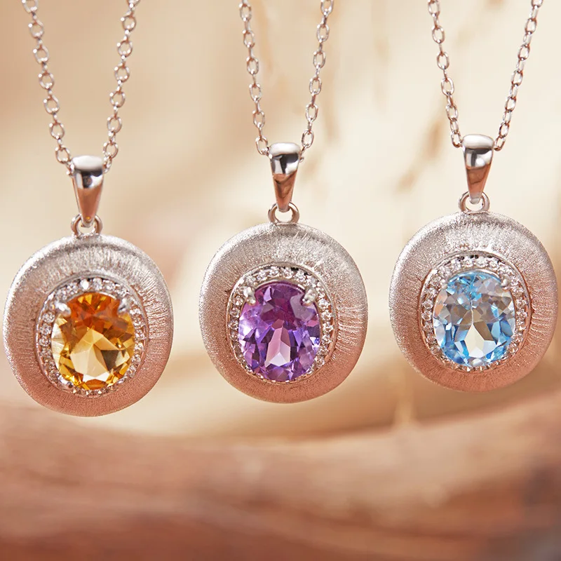 

Natural Colorful Gemstone Amethyst Citrine Necklace for Women Pendants925Pure Silver Brushed Hot-Selling Style