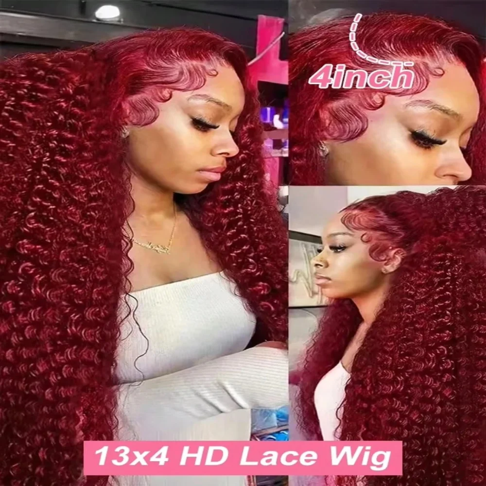 32 34 Inch Burgundy 99j Deep Wave Frontal Wig Colored Curly Human Hair Wigs 250 Density 13x4 Hd Lace Frontal Human Hair Wigs