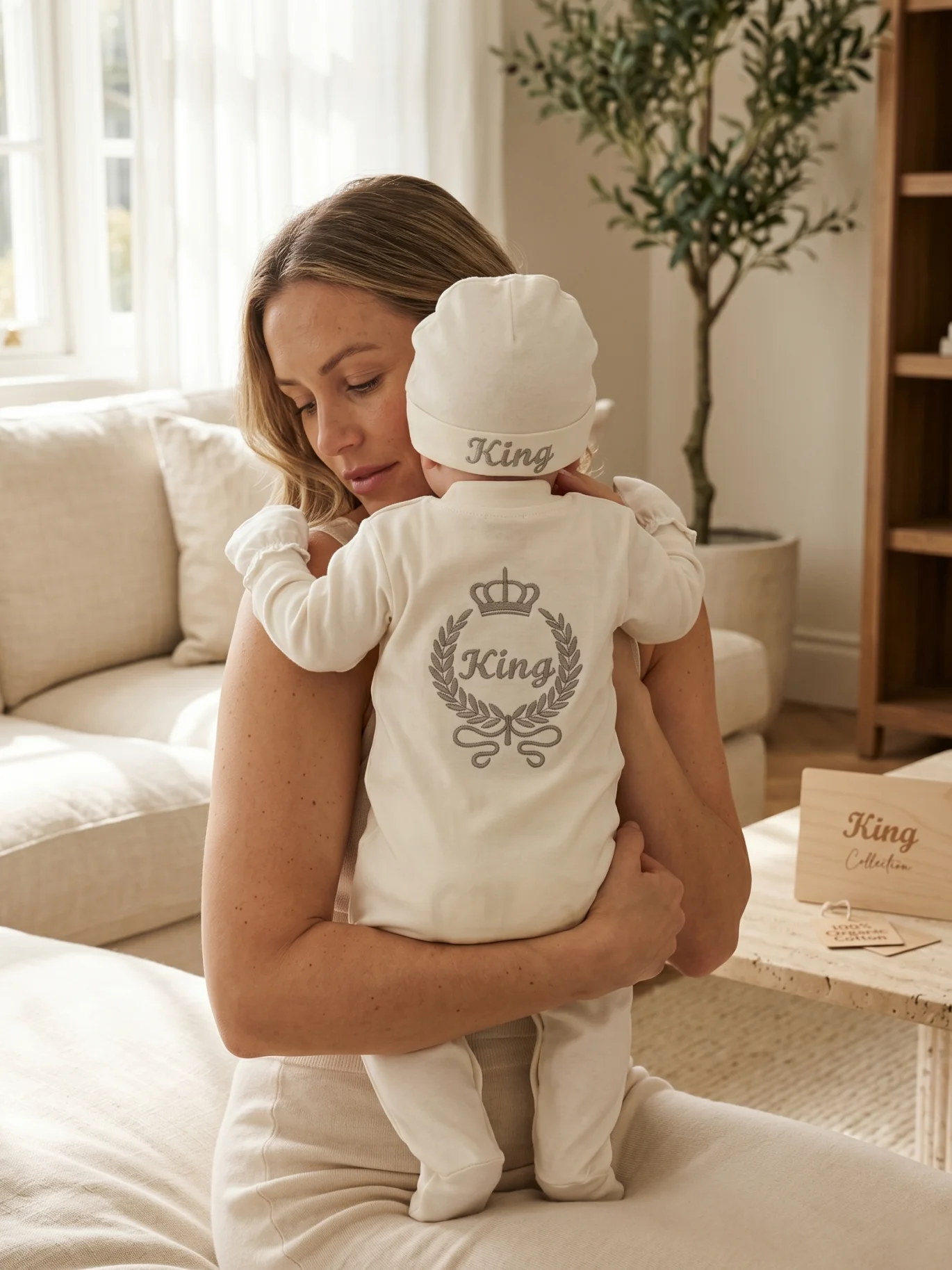 

Neutral Minimalist Silver King Embroidered Baby Footed Romper Set Soft Cotton Newborn Outfit with Hat and Anti-Scratch Mittens