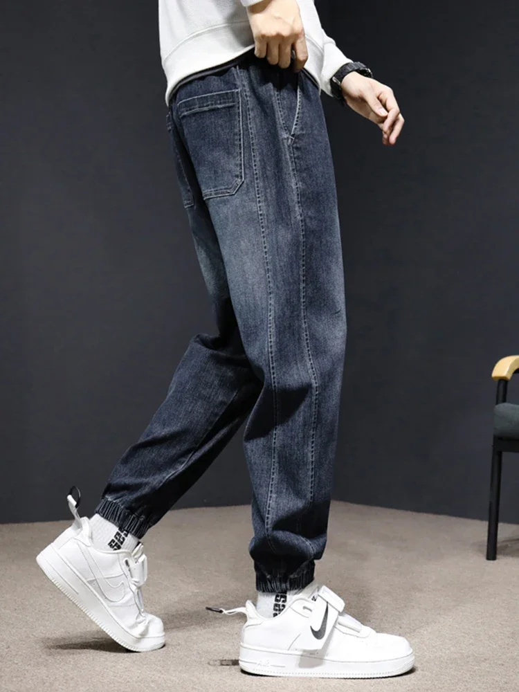 سراويل الرجال المربوطة بالقدم ، الركض الكاجوال ، بنطال رياضي من الدنيم ، بنطلون رجالي ، أزرق ، ملابس رمادية ، جديد ، خريف