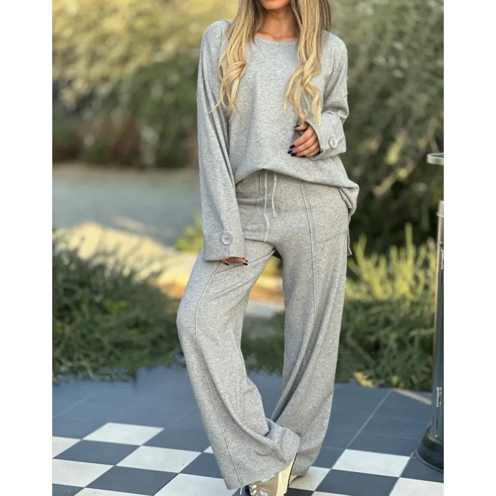 Women\'s Suit 2024 New Fashion Casual Solid Color Long Sleeve Tops Wide Leg Pants Long Pants Two Piece Set Woman Rompers Conjunto