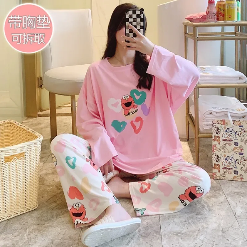 5XL Plus Size Ladies Pajamas Set with Chest Pad Korean Autumn Students Loose Loungewear Long Sleeve Tops and Trouser Home Wear