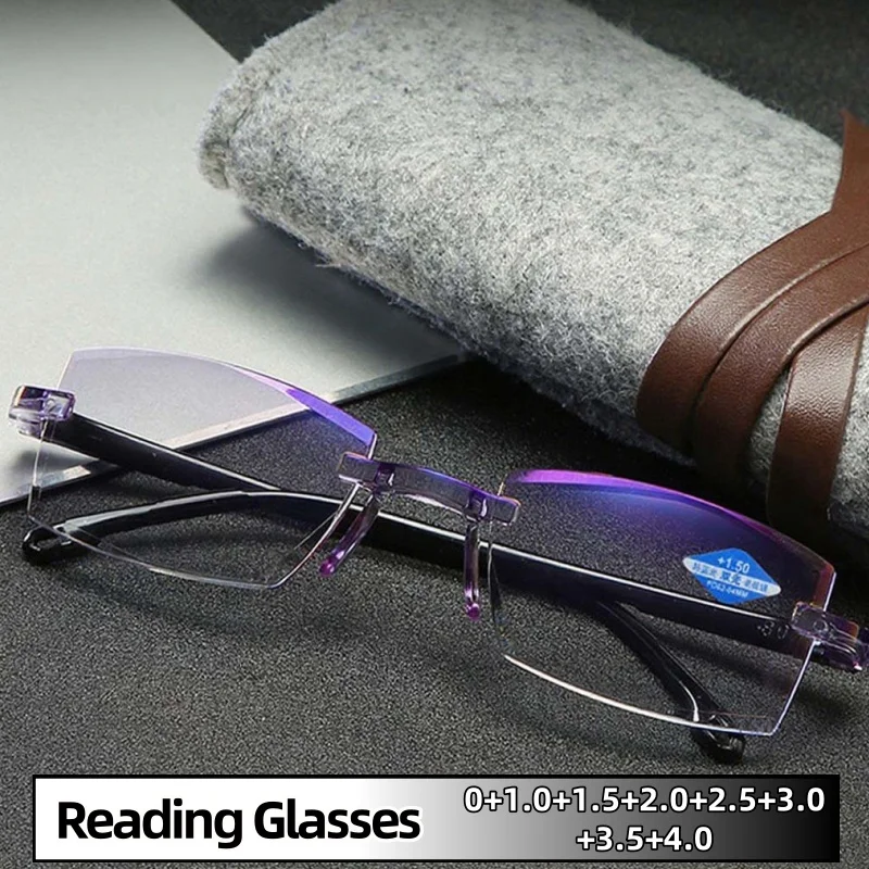 

Frameless Diamond Cut Fashionable Ultra Light Reading Glasses Unisex Elegant Protect Eyes Anti Blue Light Eyeglasses 0 TO +4.0